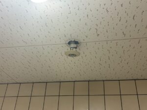地震による天井破損とスプリンクラー設備の脱落状況