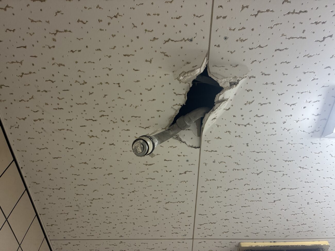 名古屋市港区の商業施設で地震後に破損し脱落したスプリンクラーヘッド周辺の天井とフレキ配管